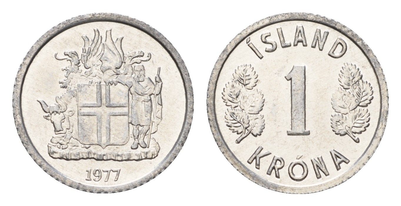 Исландия 1 крона 1977 KM 23 алюминий UNC 4687-769