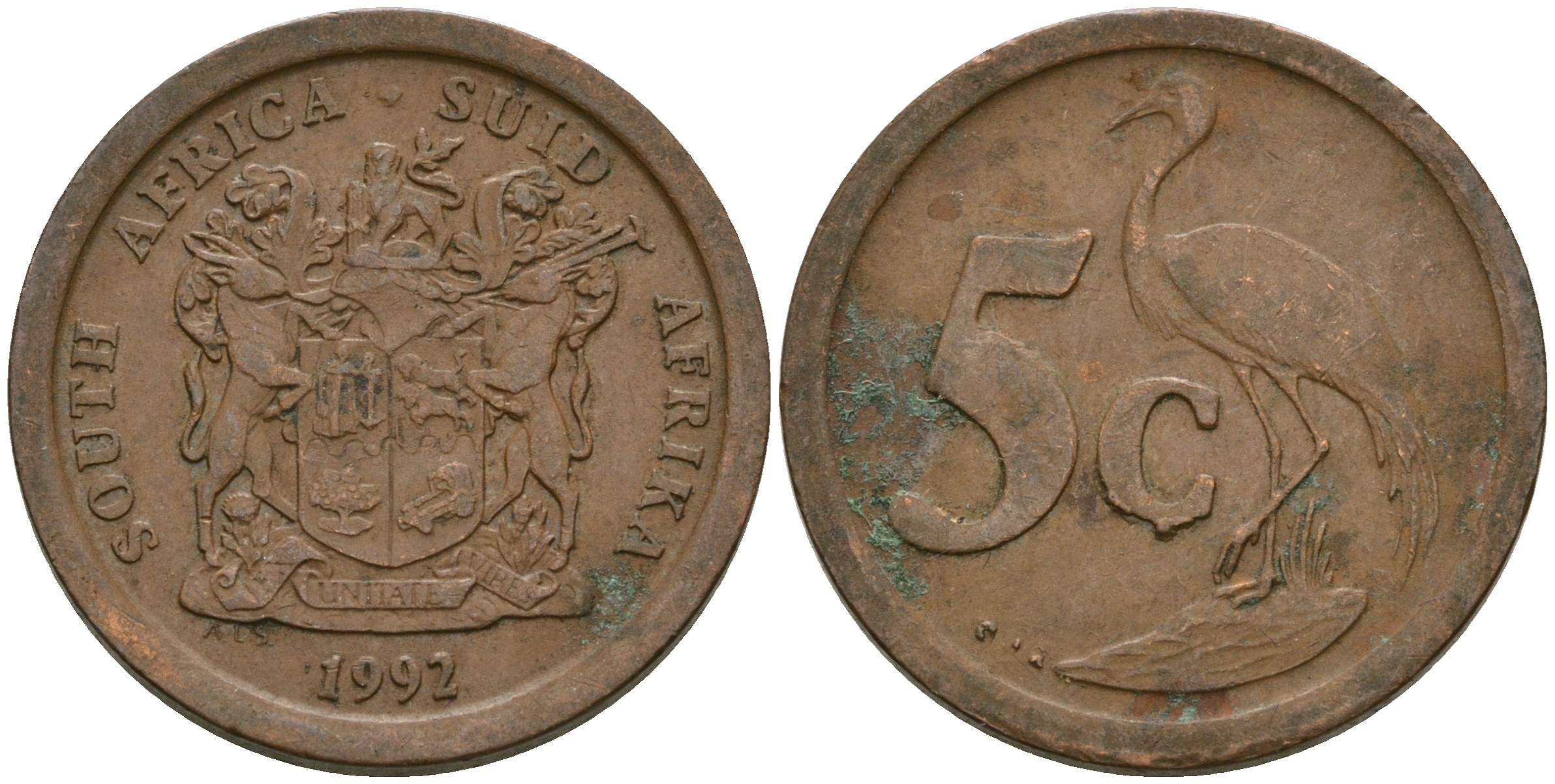 ЮАР 5 центов 1992 герб, голубой журавль KM 134 сталь плакированная медью 08-1349