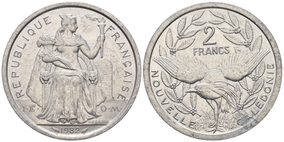 Французская Новая Каледония 2 франка 1982 птица кагу, (IEOM) KM 14, Schoen 11, Lec 62 алюминий    27-554