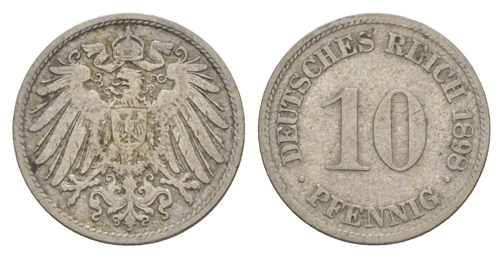 Германия 10 пфеннигов 1898 D, Вильгельм II (1888-1918) KM 12, J. 13 медно-никель 4644-1146