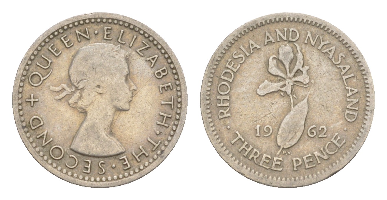Родезия и Ньясаленд 3 пенса 1962 Елизавета II (1952-2022), цветок глориоза KM  3 медно-никель  4640-927