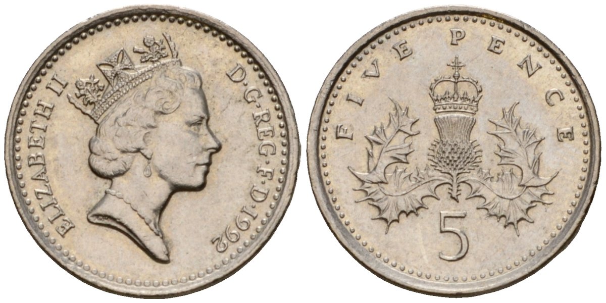 Великобритания 5 пенсов 1992 Елизавета II (1952-2022) KM 937b, Spink 4372 (D4) медно-никель 4602-114