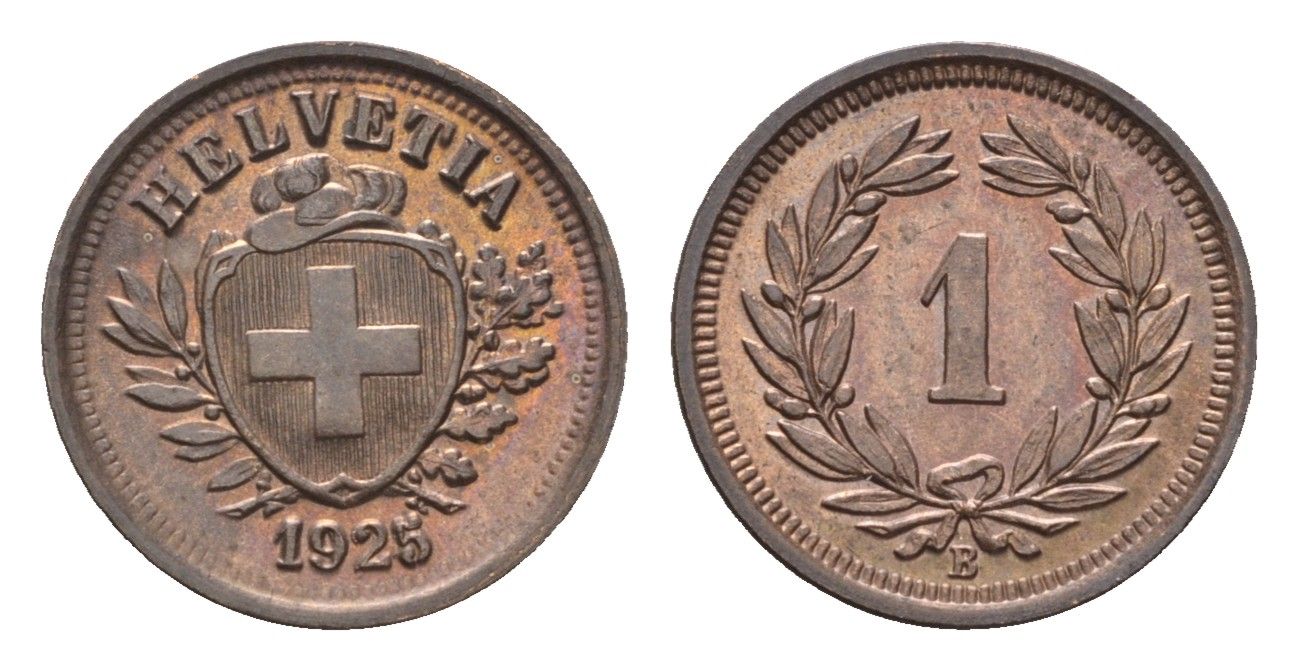 Швейцария 1 раппен 1925 B KM 3.2 бронза aUNC 1529-944