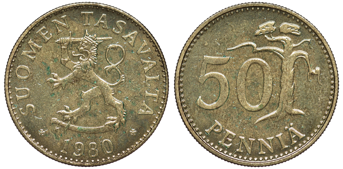 Финляндия 50 пенни 1980 K KM 48 алюминиевая бронза UNC 259-632