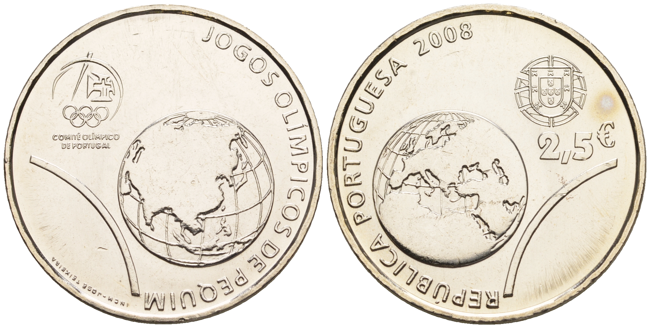Португалия 2 1/2 евро 2008 XXIX Летние Олимпийские игры 2008 года в Пекине, земной шар KM 790 медно-никель UNC 1096-3-15