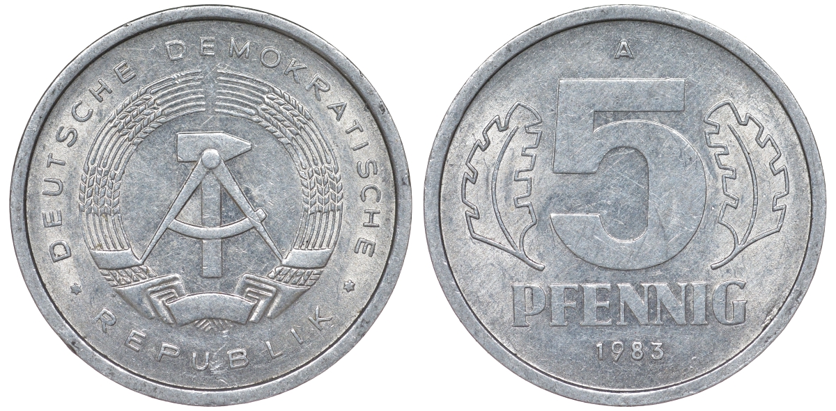ГДР 5 ПФЕННИГОВ 1983 A КМ 9.2 алюминий 62-452