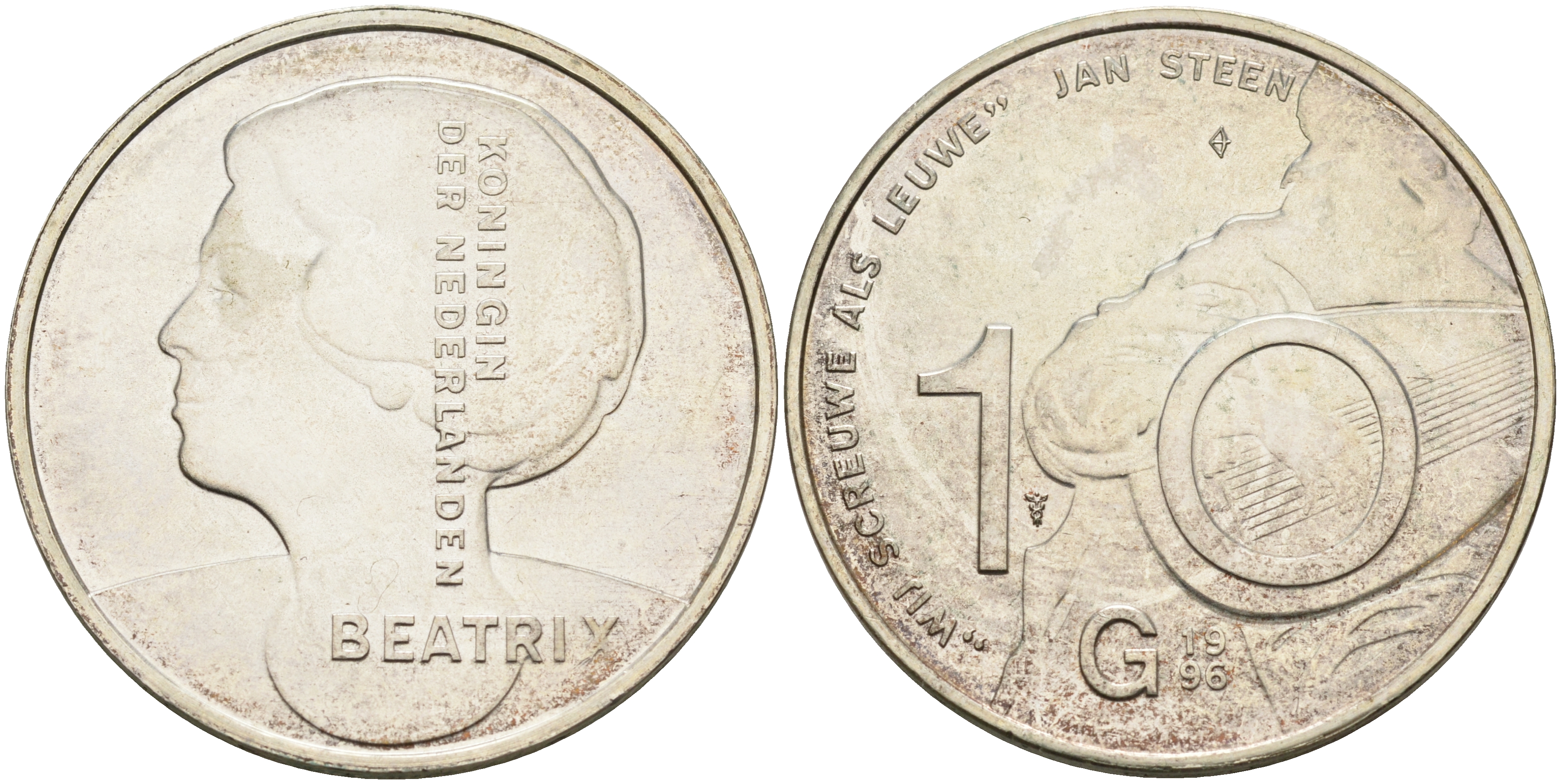 Нидерланды 10 гульденов 1996 Ян Стен, автопортрет с лютней, королева Беатрикс KM 223 серебро UNC 4590-1131