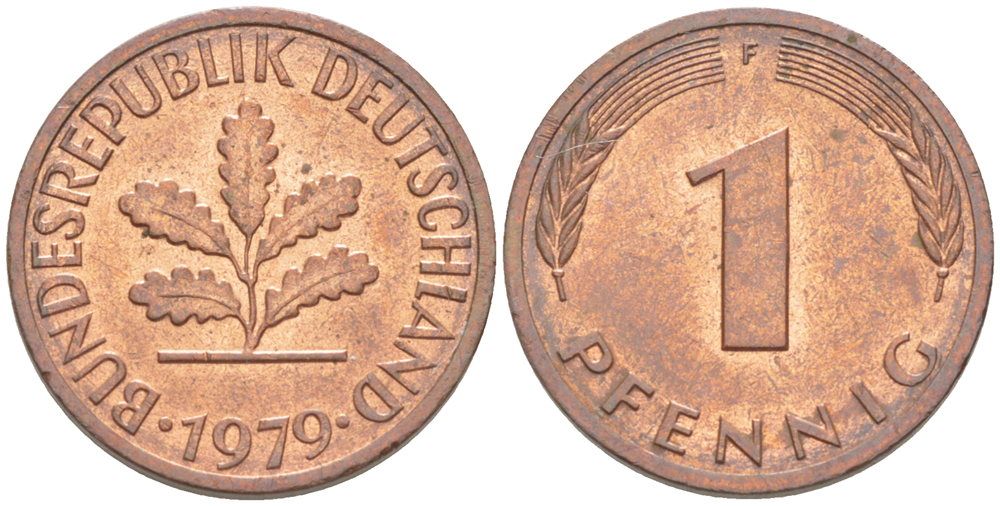 ФРГ 1 ПФЕННИГ 1979 F KM 105, J. 380 сталь плакированная медью 4181-634