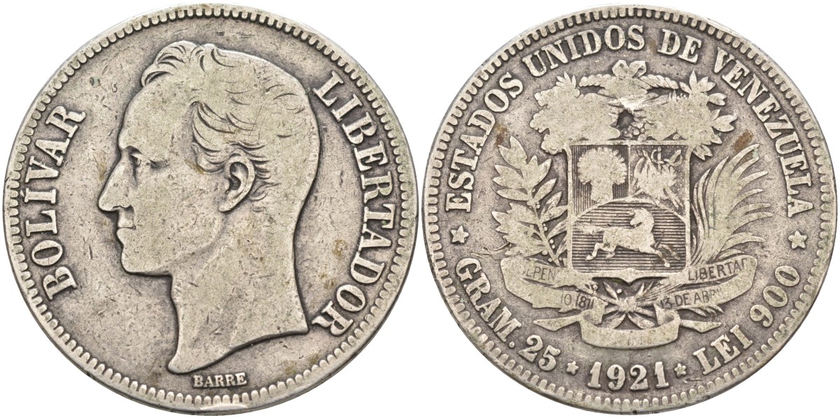 Венесуэла 5 боливаров 1921 Симон Боливар KM 22 серебро 4578-235