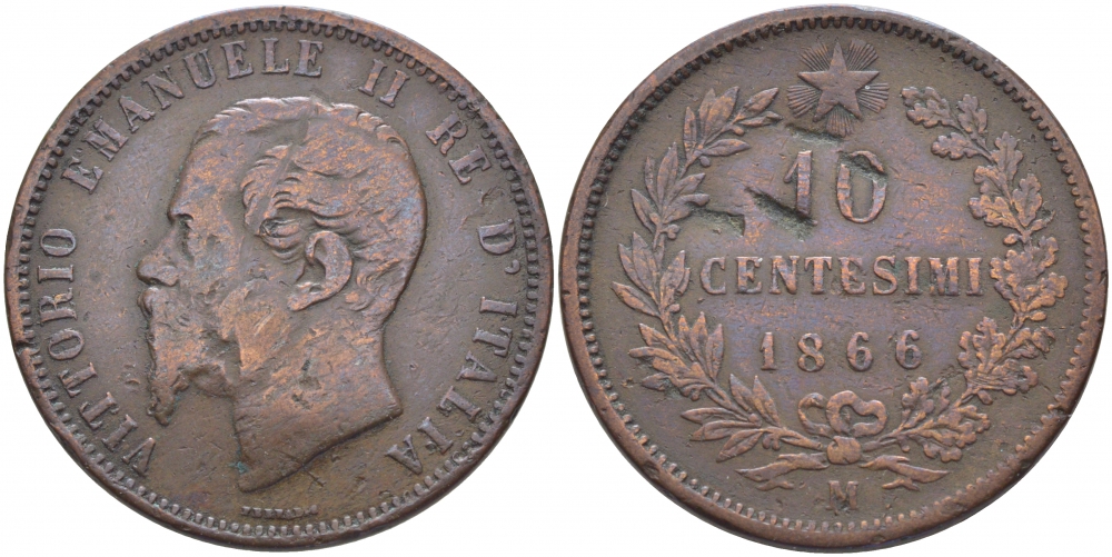 ИТАЛИЯ 10 ЧЕНТЕЗИМО 1866 М, ВИКТОР ЭММАНУИЛ II (1861-1878) KM 11.1 медь 114-613