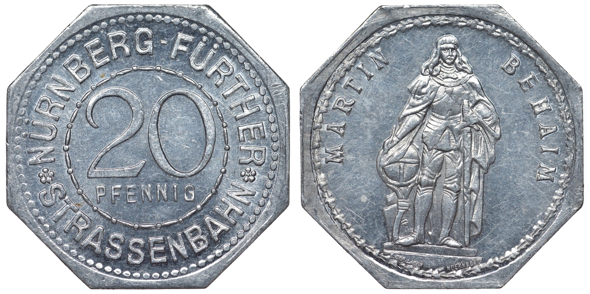 Германия, Нюрнберг - Фюрт 20 пфеннигов ND трамвайный жетон, Мартин Бехайм алюминий UNC 4119-717