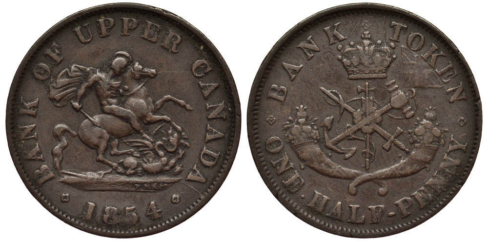 КАНАДА 1/2 ПЕННИ 1854 UPPER CANADA, БАНКОВСКИЙ ТОКЕН, CLOSSLET 4 KM Tn 2 медь 1524-1112