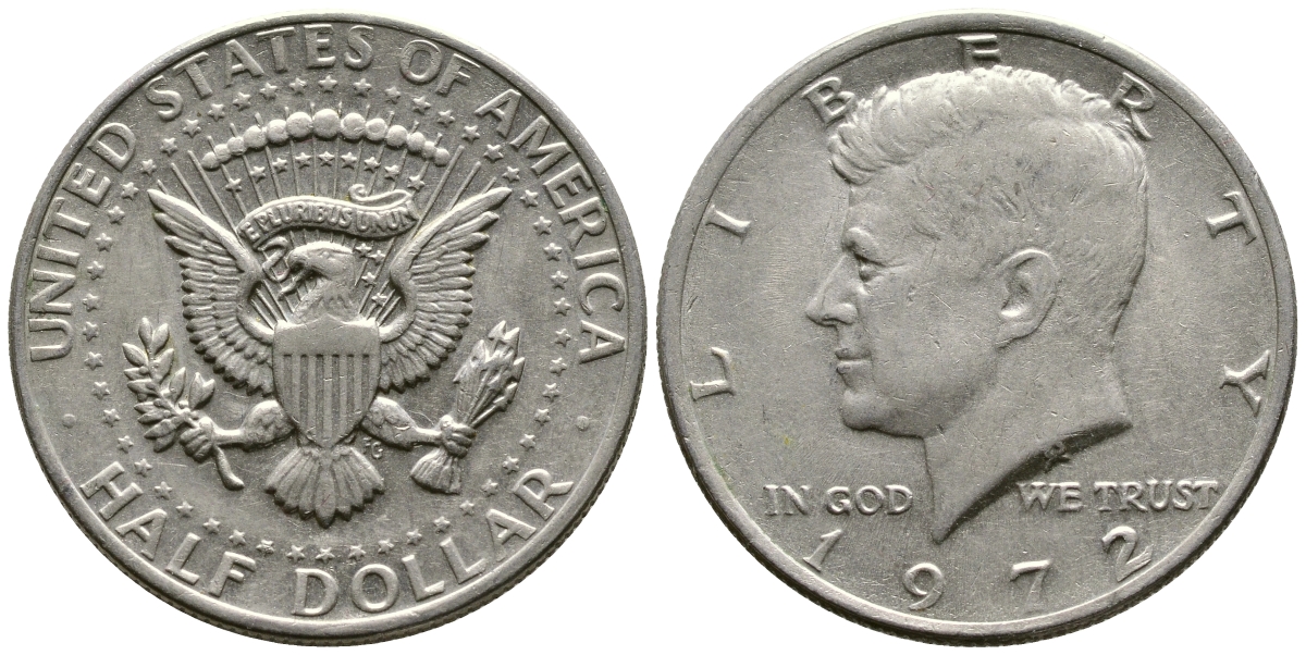 США 1/2 доллара (50 центов) 1972 Джон Кеннеди KM 202b медь плакированная медно-никелем 35-212