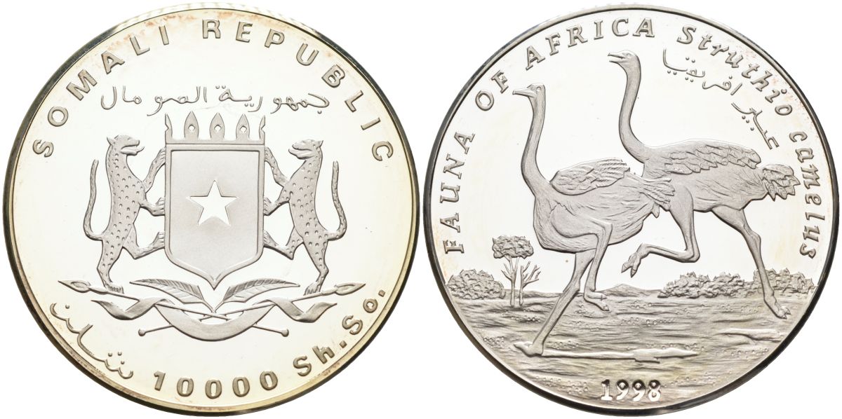 Сомали 10000 шиллингов 1998 фауна Африки, страусы KM 43 серебро PROOF 04-138-35