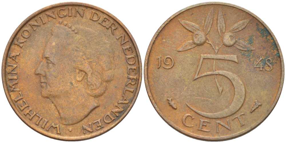 НИДЕРЛАНДЫ 5 ЦЕНТОВ 1948 ВИЛЬГЕЛЬМИНА (1890-1948) KM 176 бронза 212-1027