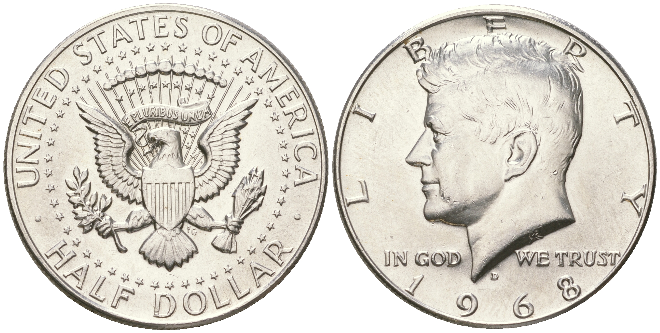 США 1/2 доллара (50 центов) 1968 D, Джон Кеннеди KM 202a серебро  UNC  4178-943