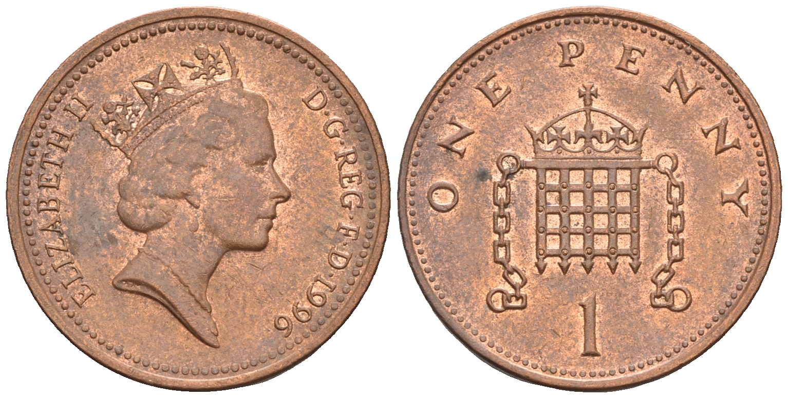 Великобритания 1 пенни 1996 Елизавета II (1952-2022) KM 935a, Spink 4391 (B4) сталь плакированная медью 4609-534