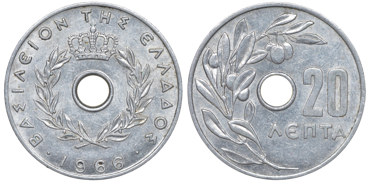 Греция 20 лепта 1966 Константин II (1964-1974), оливковая ветвь KM 79 алюминий 4610-812