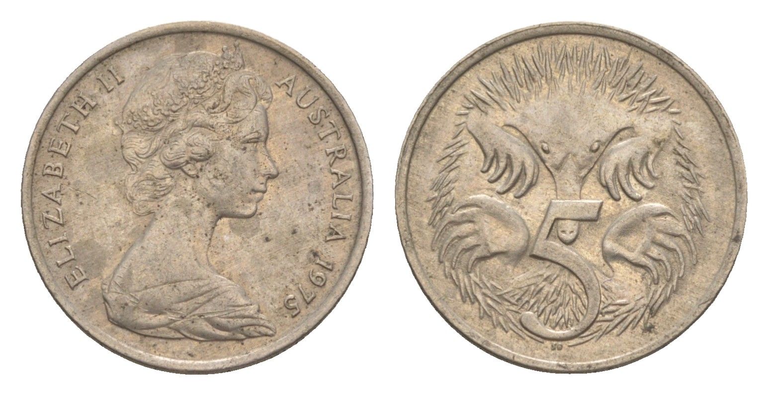 Австралия 5 центов 1975 Елизавета II (1952-2022) молодой портрет, ехидна KM 64 медно-никель 4151-1267