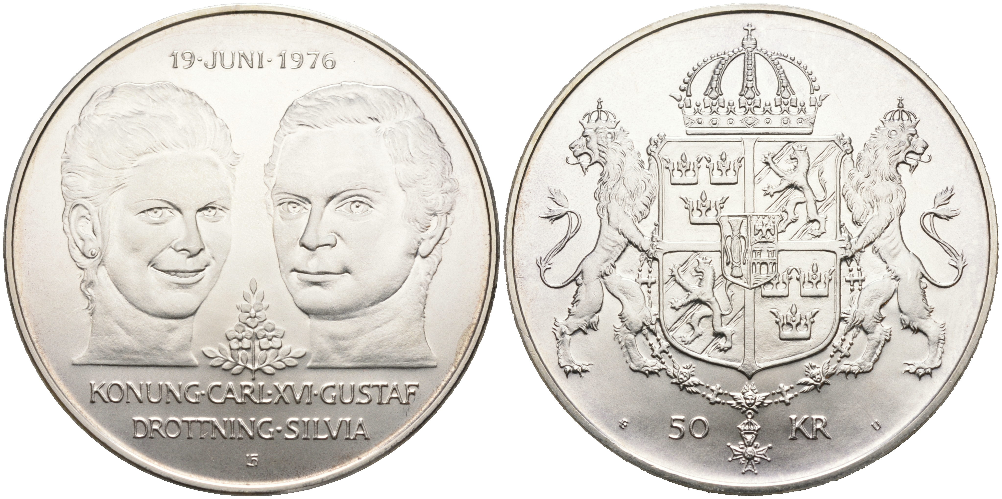 Швеция 50 крон 1976 U, королевская свадьба Карла XVI и королевы Сильвии KM 854 серебро UNC 4552-913