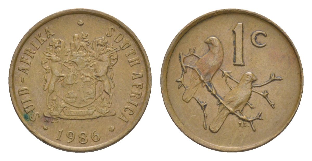 ЮАР 1 цент 1986 герб, капские воробьи KM 82 бронза 4627-1157