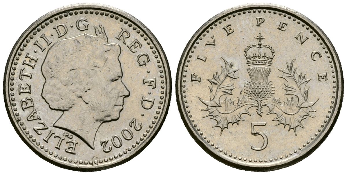 Великобритания 5 пенсов 2002 Елизавета II (1952-2022) KM 988, Spink 4670 (D5) медно-никель 4173-765