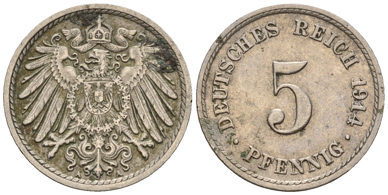 Германия 5 пфеннигов 1914 A, KM 11, J. 12 медно-никель 220-729