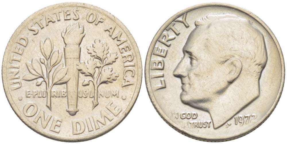 США 10 ЦЕНТОВ = 1 ДАЙМ 1972 РУЗВЕЛЬТ KM 195а медь плакированная медно-никелем 4519-531