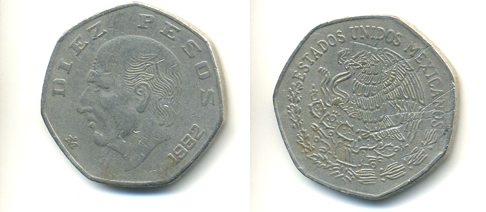 МЕКСИКА 10 ПЕСО 1982 МАНУЭЛЬ ХИДАЛЬГО КАСТИЛЬЯ KM 477.2 медно-никель 86-1545