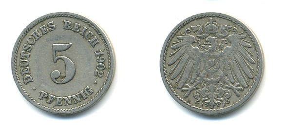 ГЕРМАНИЯ 5 ПФЕННИГОВ 1902 F, KM 11, J. 12 медно-никель 4379-518