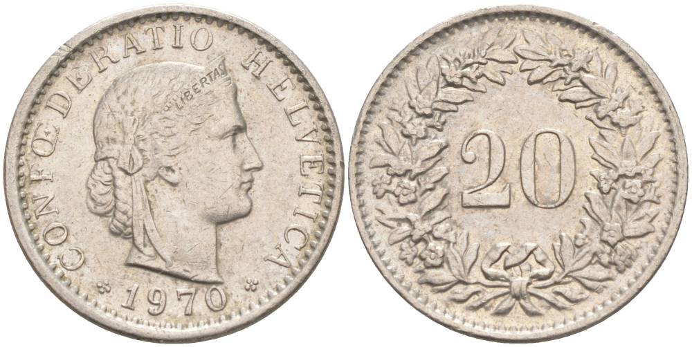 Швейцария 20 раппенов 1970 KM 29a медно-никель 55-926
