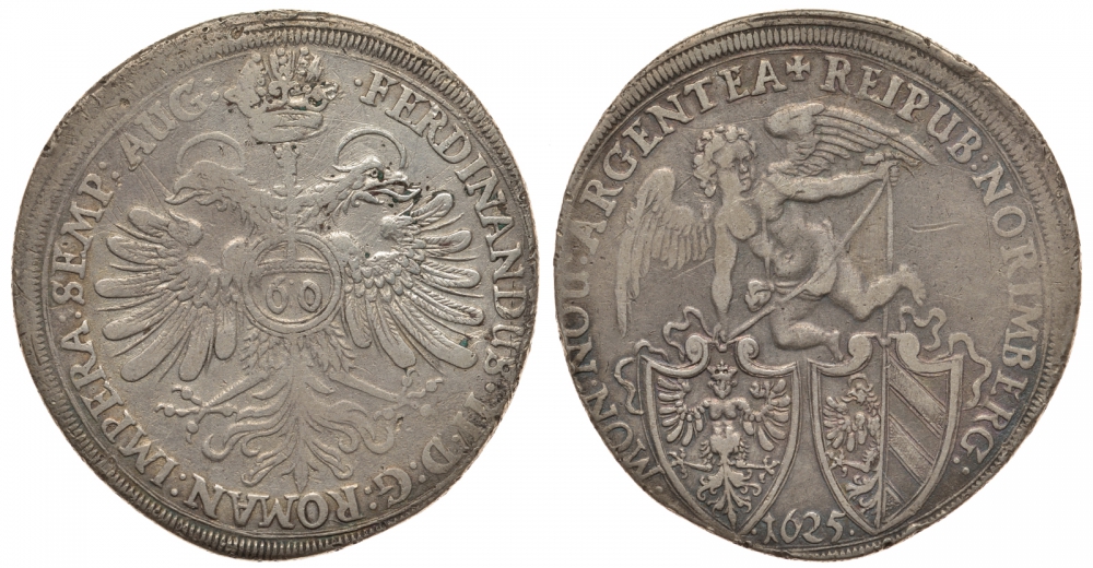 Нюрнберг 60 крейцеров 1625 Фердинанд II, Священная Римская империя, ангел Dav. 93, Kellner 205 серебро 00-811-31