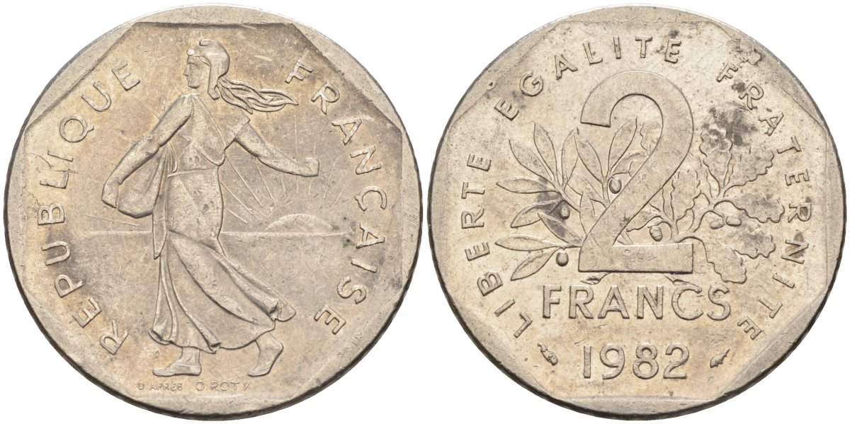 Франция 2 франка 1982 сеятель, тип Semeuse KM 242.1, Le Franc 272.6 никель 4116-1152