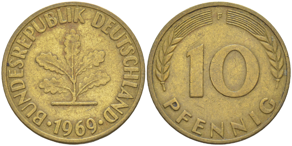 ФРГ 10 ПФЕННИГОВ 1969 F KM 108, J. 383 сталь плакированная латунью 4182-757