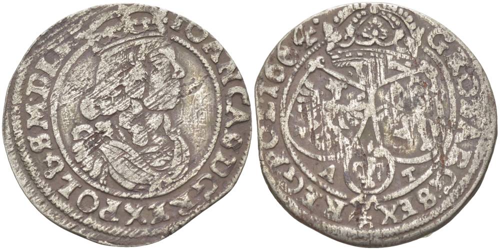 Польша 6 грошей (шостак) 1664 A-T, Ян II Казимир (1648-1668), вес 3,18 гр., легенда (IOAN CA) KM 91, Kopinski 136.6b серебро 1517-924