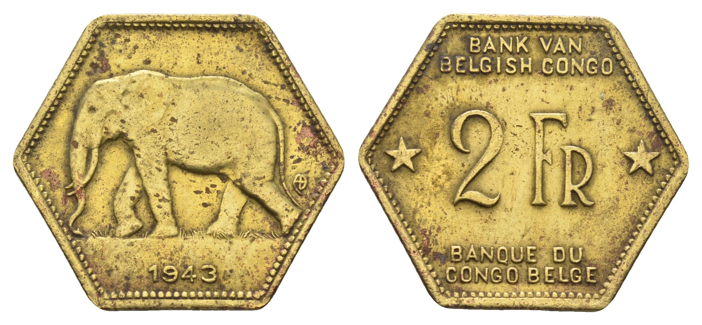 Бельгийское Конго 2 франка 1943 слон, шестиугольная, год тип KM 25 латунь 4127-1734