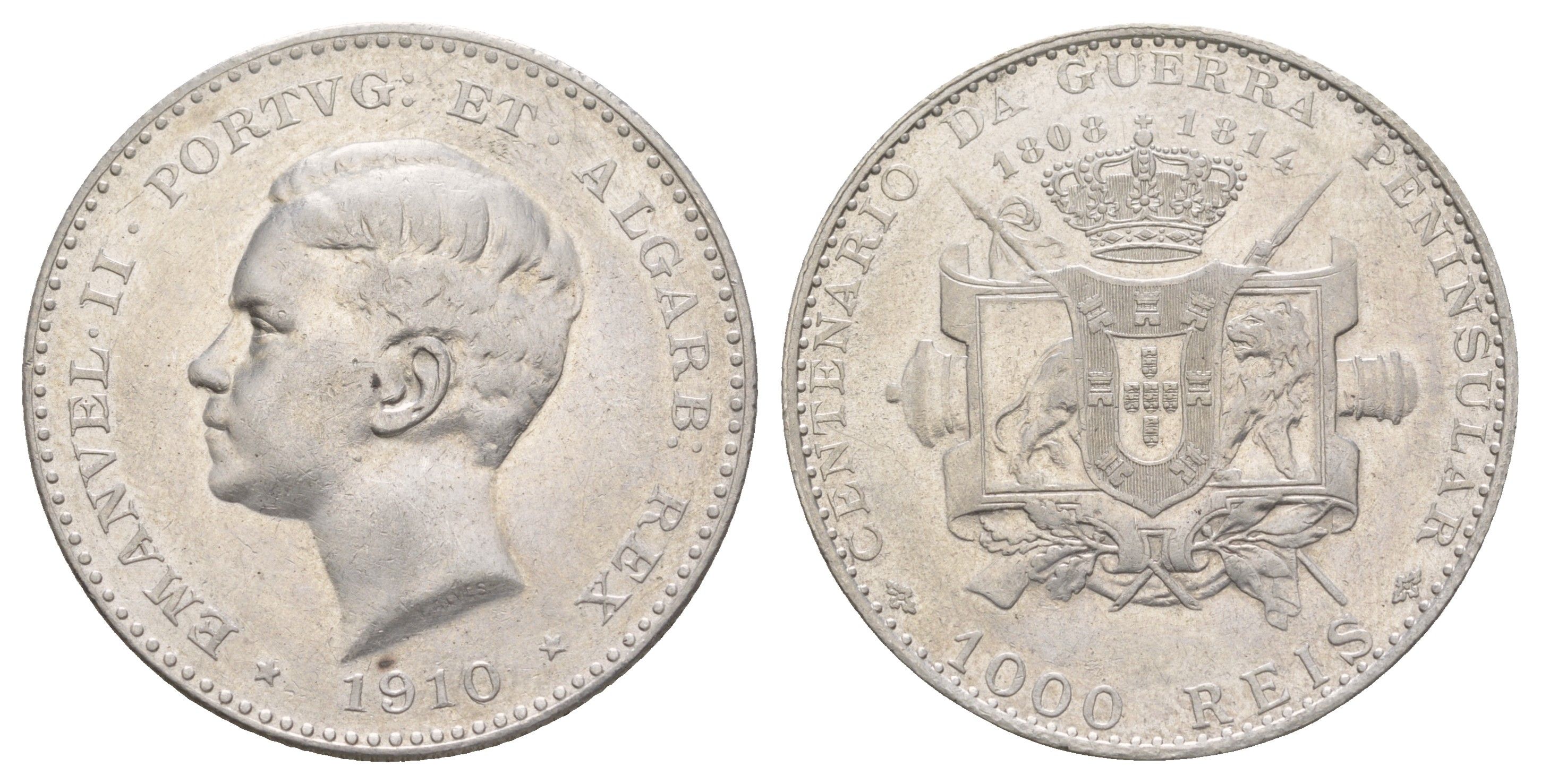 Португалия 1000 реалов (рейсов) 1910 100 лет Пиренейской войне KM 558 серебро 00-822-71