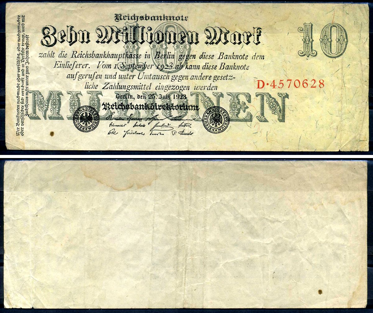 Германия 10000000 марок 1923 25 июля 1923 Pick 96 бумага 7553-24-3-2