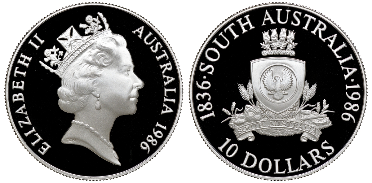 Австралия 10 долларов 1986 150 лет штату Южная Австралия, в оригинальной коробке, с сертификатом KM 88 серебро PROOF 4-3-4-36
