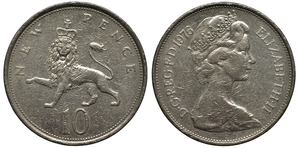 Великобритания 10 пенсов 1976 Елизавета II (1952-2022) KM 912, Spink 4231 (F1) медно-никель 3855-934
