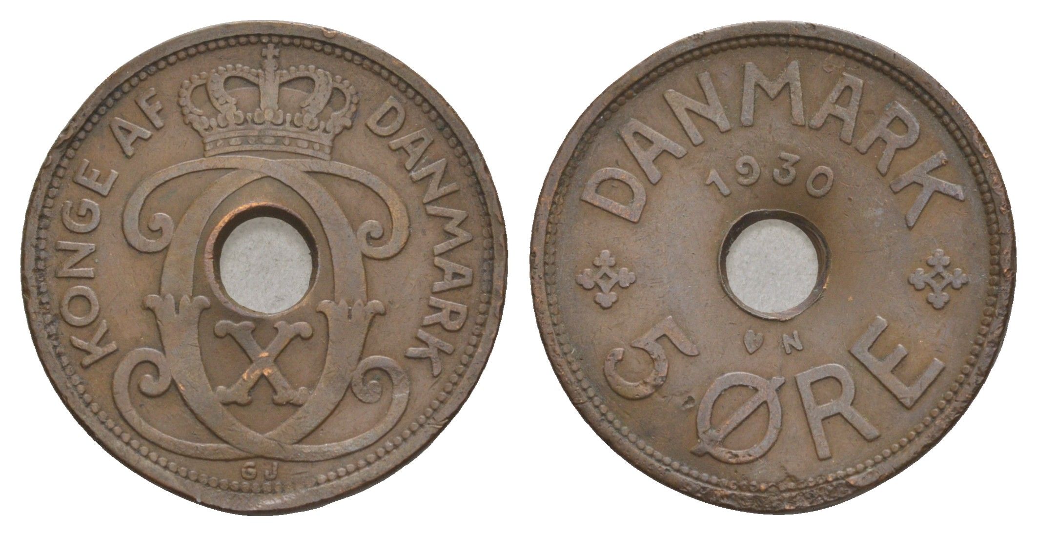 Дания 5 эре 1930 N, Кристиан X (1912-1947) KM 828 бронза 4657-245