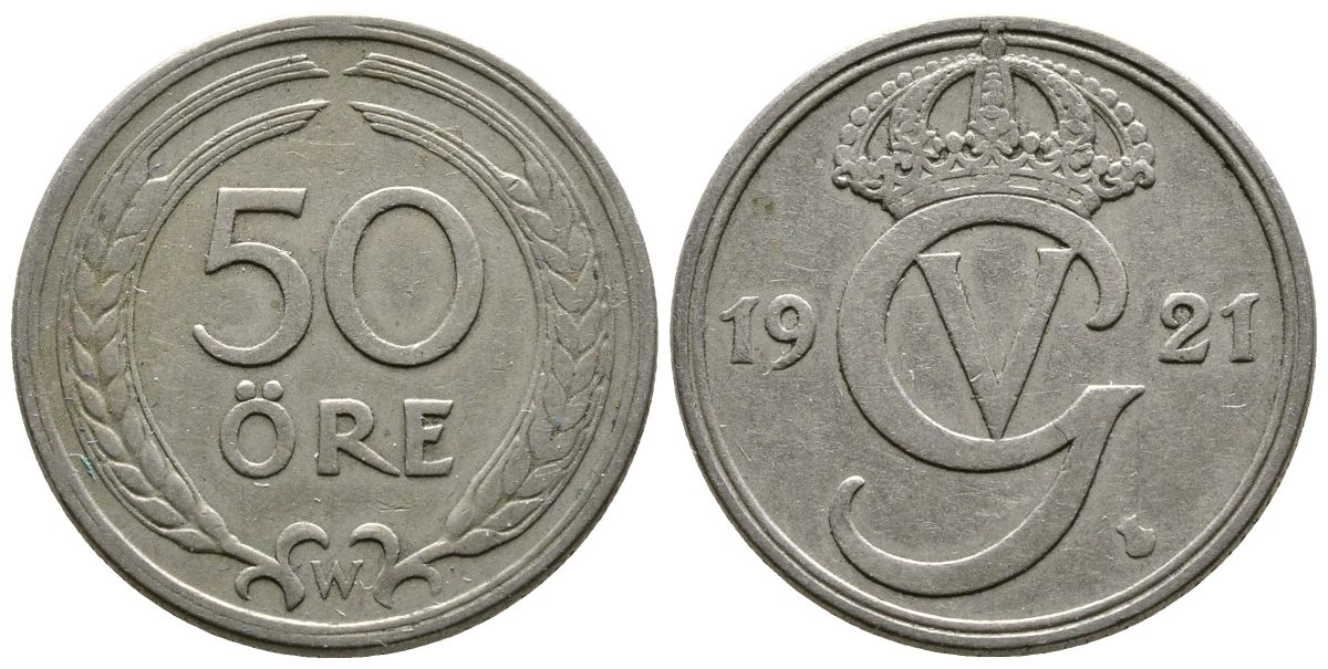 Швеция 50 эре 1921 W Густав V (1907-1950) KM 796 медно-никель 76-744