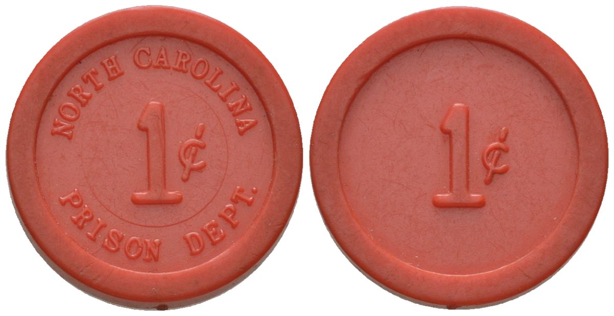 США, тюремное управление Северной Каролины тюремный жетон в 1 цент ND (1930-1970) TC?302197, Zara?NC-7, BHJD?NC-NCP-TB-001 пластик 4151-366