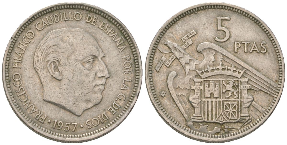 Испания 5 песет 1957 Франсиско Франко (1939-1975) KM 786 медно-никель 4616-946