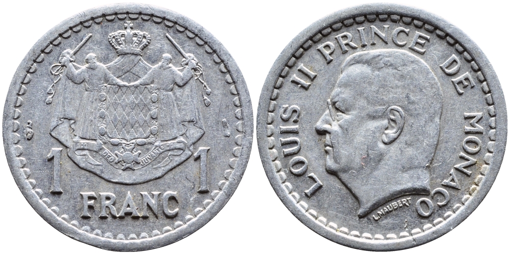 Монако 1 франк 1943 Луи II (1922-1949) KM 120 алюминий 4393-1252