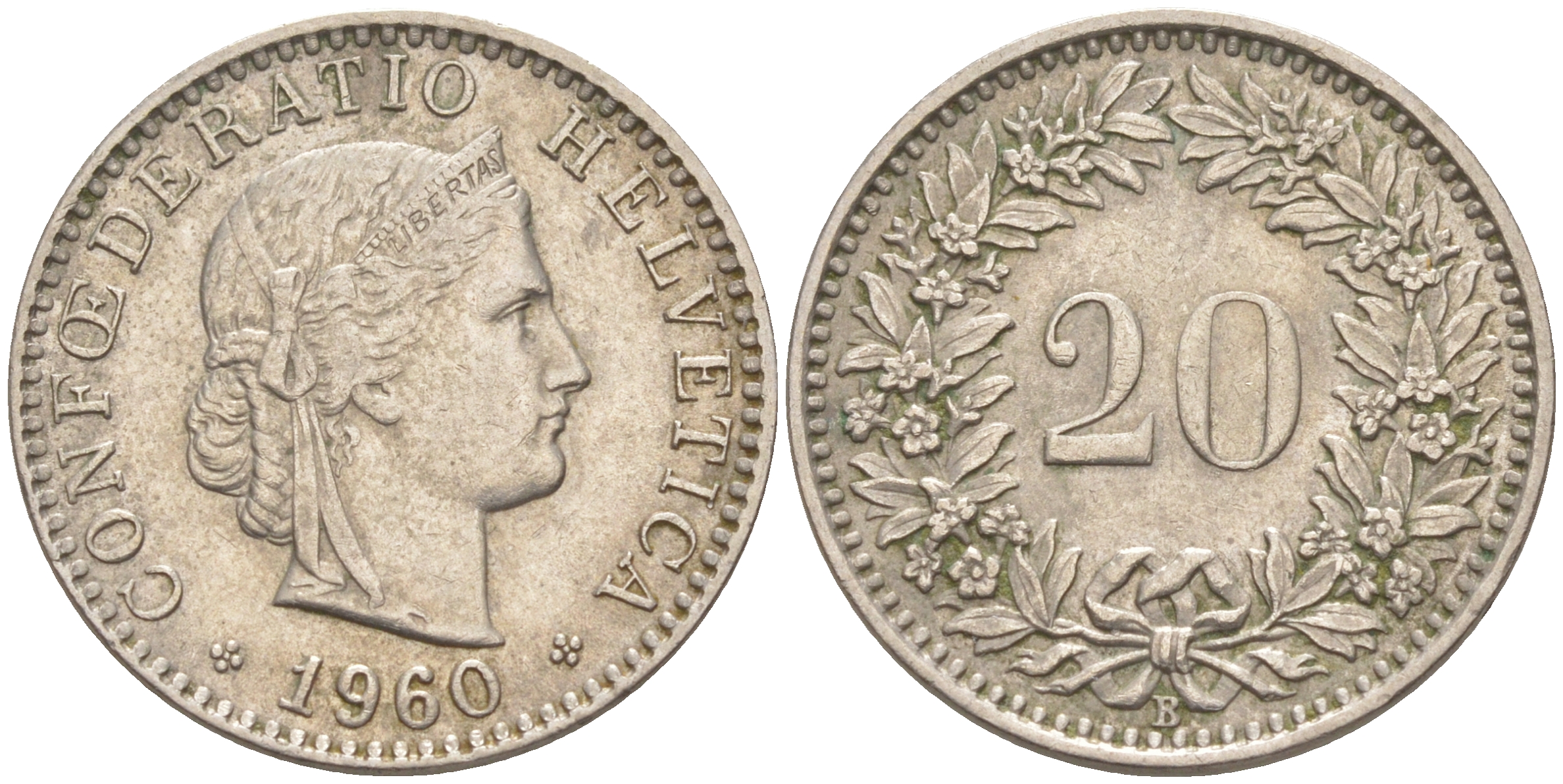 Швейцария 20 раппенов 1960 В KM 29а медно-никель 190-452