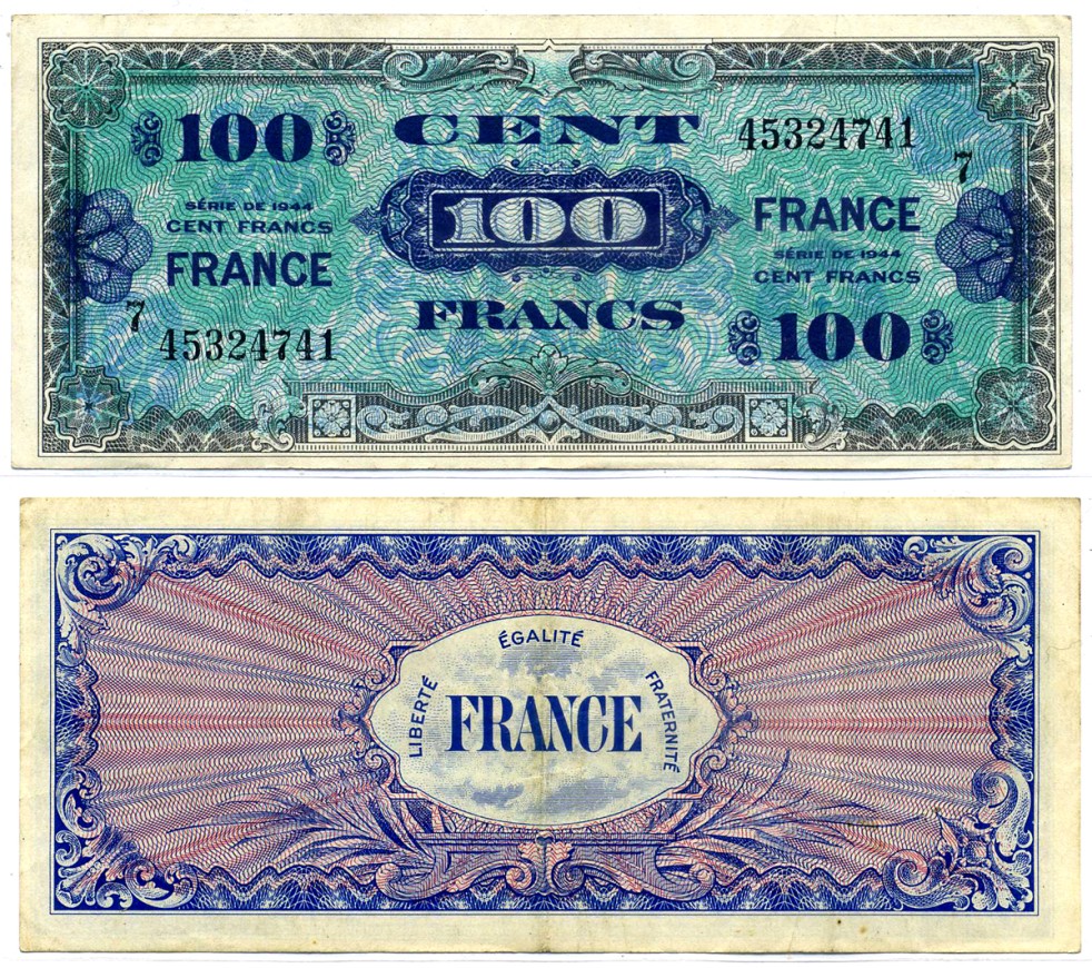Франция 100 франков 1944 блок 7, второй выпуск Pick 129c бумага 7220-65-1-2