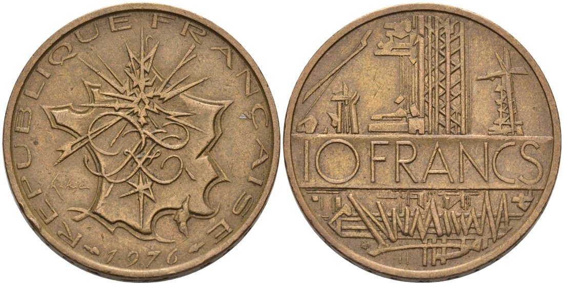 Франция 10 франков 1976 тип Матье KM 940, Le Franc 365.7-8 никель латунь 4572-1133
