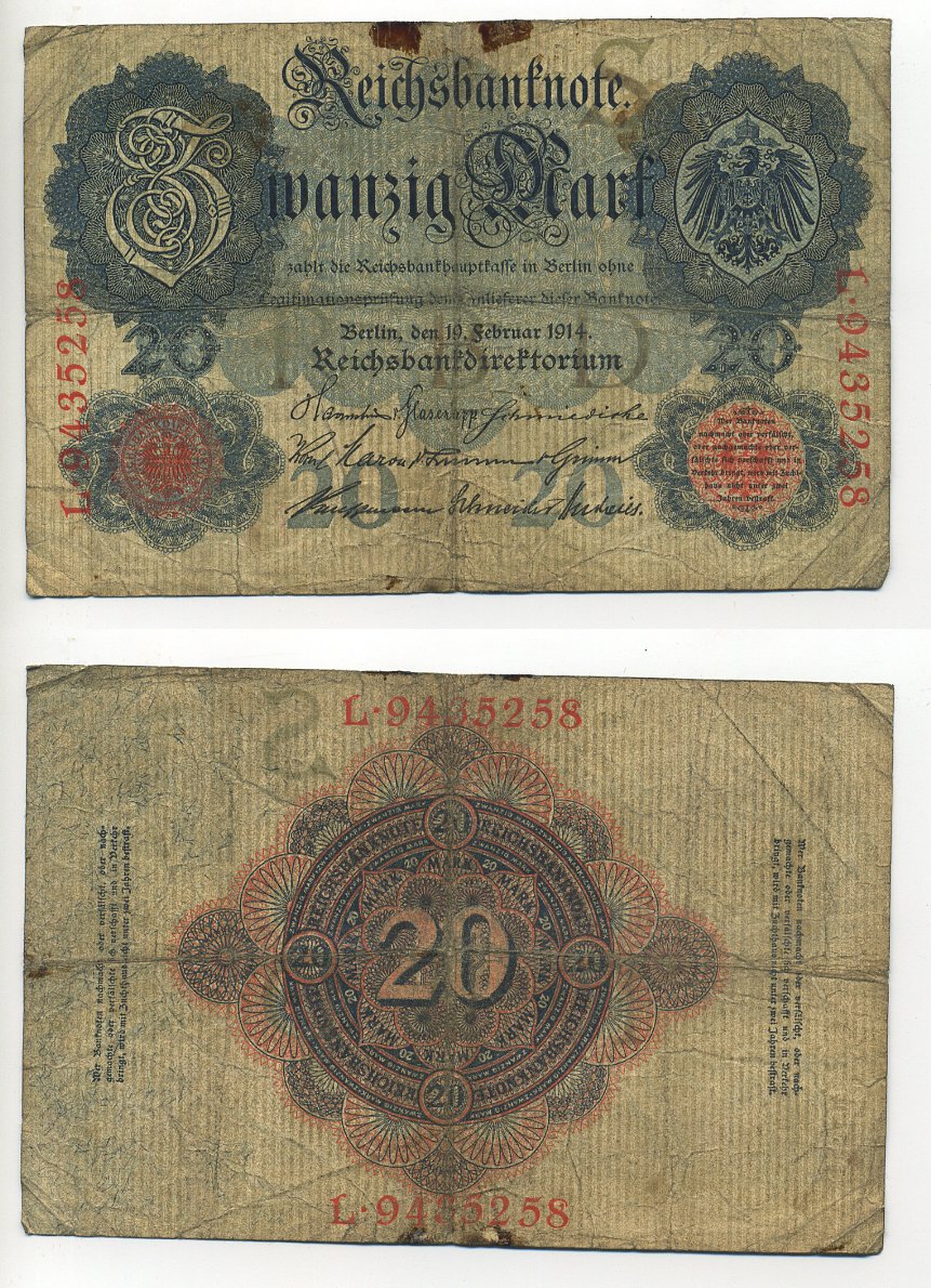 ГЕРМАНИЯ 20 МАРОК 1914 СЕМЬ ЦИФР В НОМЕРЕ Pick 46b бумага 7203-82-2