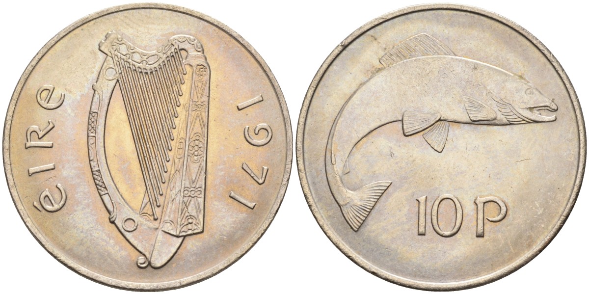 Ирландия 10 пенсов 1971 лосось KM 23 медно-никель UNC 4583-335